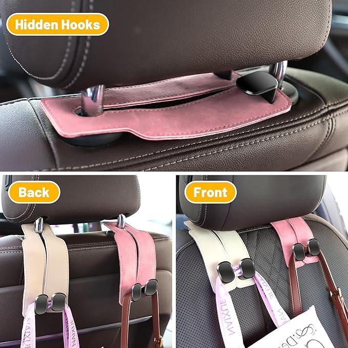 Amelity Car Seat Back Storage Hook, Purse Holder for Car, Car Seat Hooks for Purses and Bags, Car Seat Hooks for Headrest (2 Pack, Beige)