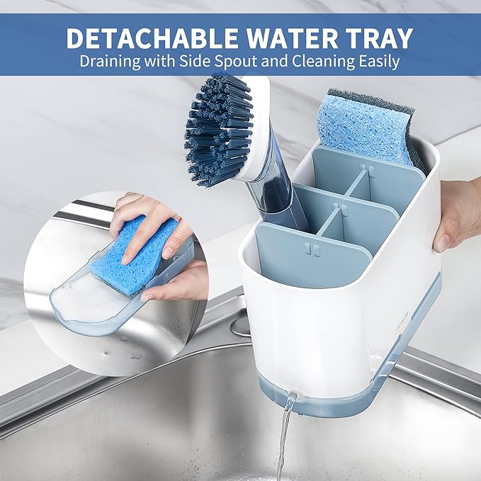 JOMOLA Dish Brush Caddy for Kitchen Sink Toothbrush Holders for Bathrooms Sink Sponge Holder Kitchen Counter Scrub Soap Brush Organizer Sinkware Caddy with Drain Tray Dividers (Blue)
