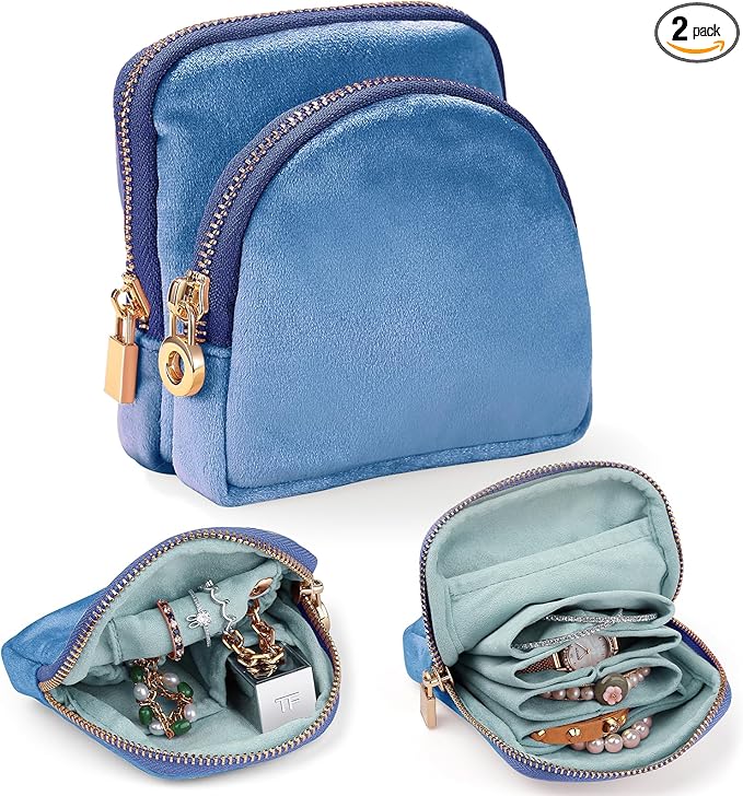 Small Travel Jewelry Case Set 2-in-1 Detachable Velvet Pouches, Portable Jewelry Organizer bag for Rings Earrings Bracelets, Gift Box for Women (Aqua Blue)