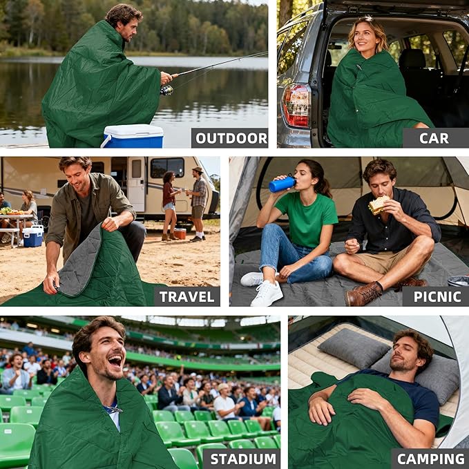 KawaGebo Kamp Outdoor Waterproof Blanket, Foldable Fleece Stadium Blanket for Outdoor Sports Event, Camping, Car, Pet, Picnics - Windproof, Wearable, Machine Washable 80" x 58" (Green,Hooded)