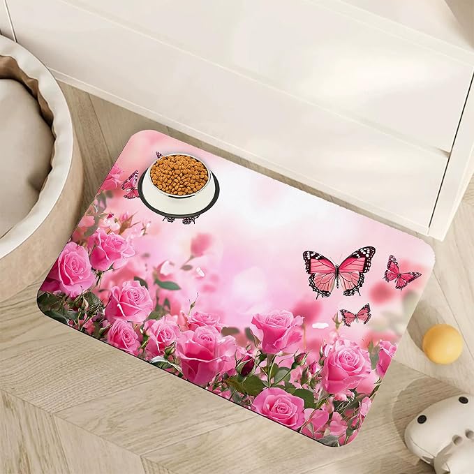 Rose Pink Dog Cat Food Mat,Butterfly Absorbent Pet Feeding Mat for Food and Water,Non-Slip Dog Bowl Mats Floor Protector 16"x24"