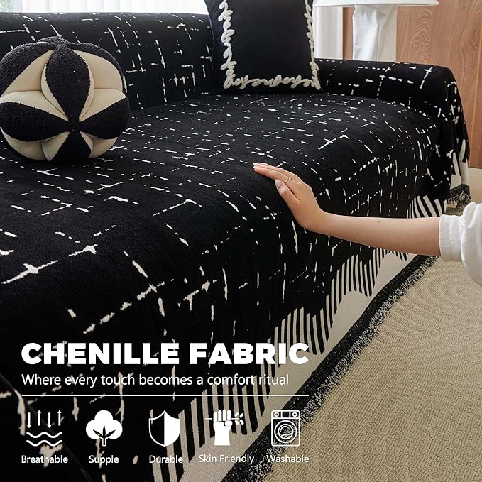 Couch Cover for 3 Cushion Sofa Pet Friendly Furniture Covers, Chenille Sofa Covers Washable L Shape, Boho Couch Blanket Cover with Tassel Decoration, 71"x 134", Black