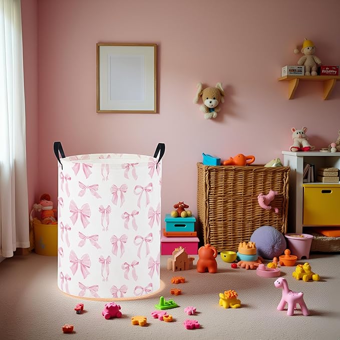 Baby Laundry Basket Baby Nursery Hamper Kids Laundry Basket Toy Storage Bin for Boys Room Decor Gift Baskets for Bedroom Bathroom(Pink Bowknot)