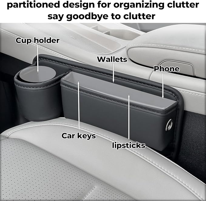 2-Pack Car Seat Gap Filler Organizer with Cup Holder - Premium Leather - Universal Fit - Keeps Cans/Phone/Keys/Wallets Organized(Black)