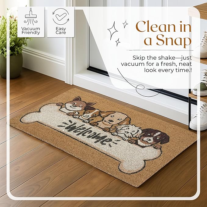 COCONIQ Coir Door Mats 17" X 30", Non-Slip Sturdy, PVC Backed Heavy Duty, Easy to Clean, Ideal for Door Entrance, Patio, Porch, Backyard, Garages, 5 Welcoming Puppies