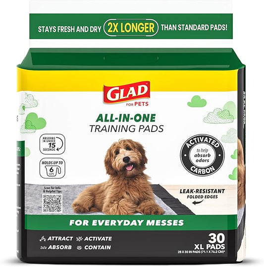 Glad for Pets Extra Large Charcoal Dog Training Pads - Absorbent Disposable Pee Pads for Dogs, Cats & Puppies - Jumbo-Size Potty Pads that Neutralize Urine Instantly - 30 Count Pet Supplies