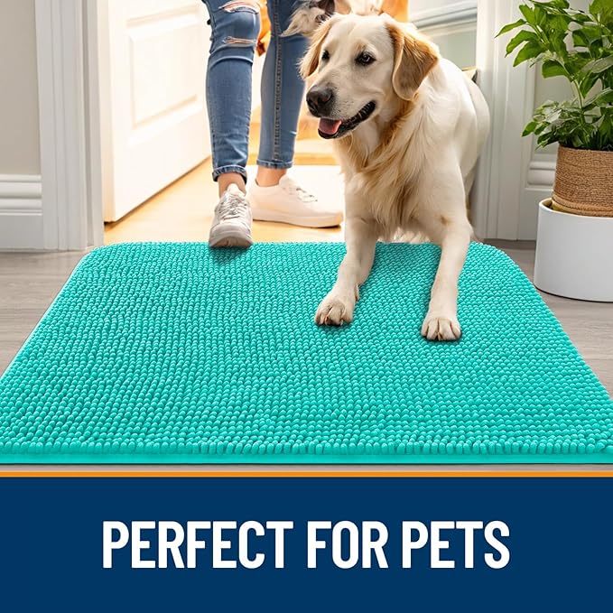 OLANLY Dog Door Mat for Muddy Paws 59x32, Absorbs Moisture and Dirt, Absorbent Non-Slip Washable Doormat, Quick Dry Chenille Mud Mat for Dogs, Entry Indoor Entryway Carpet for Inside Floor, Teal