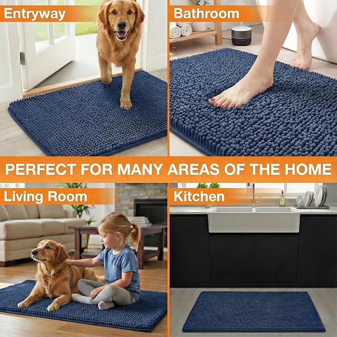 Neater Pets Chenille Dog Door Mat 30” x 20” – Super Absorbent & Quick-Dry Muddy Paws Doormat for Trapping Dirt, Water, Mud - Non-Slip & Machine Washable Pet Rugs for Entryway, Indoor Mud Mats, Navy
