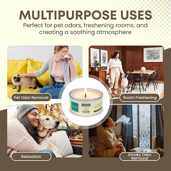 Pet Odor Eliminator Candle for Dogs and Cats Long-Lasting 72-Hour Burn Natural Soy Wax with Refreshing Scent Scented Candle to Remove Pet Smells (Vanilla)