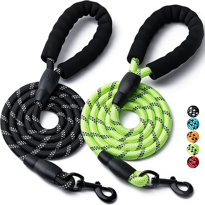 2 Pack Dog Leash, 4/5//6 FT Heavy Duty Nylon Rope Pet Leashes with Comfortable Padded Handle, Reflective Dog Leashes for Small Medium and Large Dogs (4FT-3/8,Black/Green)