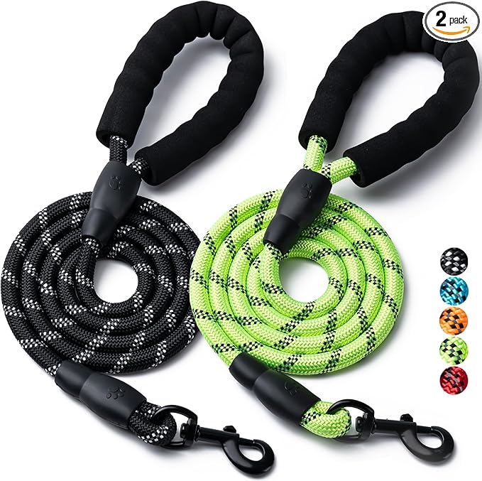 2 Pack Dog Leash, 4/5//6 FT Heavy Duty Nylon Rope Pet Leashes with Comfortable Padded Handle, Reflective Dog Leashes for Small Medium and Large Dogs (4FT-1/2,Black/Green)