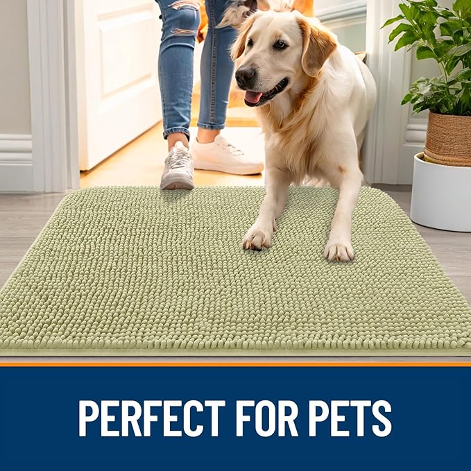 OLANLY Dog Door Mat for Muddy Paws 30x17, Absorbs Moisture and Dirt, Absorbent Non-Slip Washable Doormat, Quick Dry Chenille Mud Mat for Dogs, Entry Indoor Entryway Carpet for Inside Floor, Vanilla