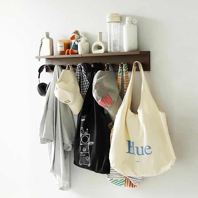 Entryway Coat Rack Hooks with Shelf, Sturdy Wooden Floating WallOrganizer Shelf with 4 Hooks siutable for Entrance, Mudroom, Kitchen, Bathroom,.etc(Walnut Finish)
