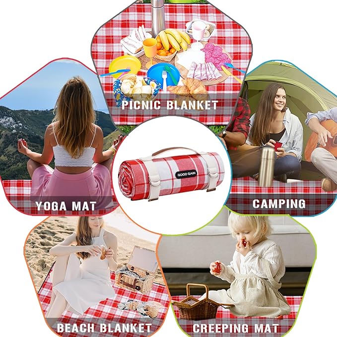 G GOOD GAIN Picnic Outdoor Blankets Waterproof Large - Beach Mat Sand Free Foldable with Carry Strap | Portable Camping Blanket | Park Blanket for Grass Park, Hiking, Travel, Concerts（RedPlaid）