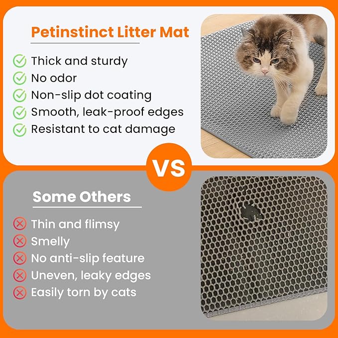 Petinstinct Cat Litter Mat, 24x18 Inches Large Double Layer Honeycomb Cat Litter Trapping Mat, Non Slip Waterproof Urine Proof Cat Litter Box Mat for Floor, Kitty Litter Rug, Cat Supplies, Gray