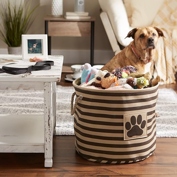Bone Dry Pet Storage Collection Striped Paw Patch Bin, Large Round, Brown