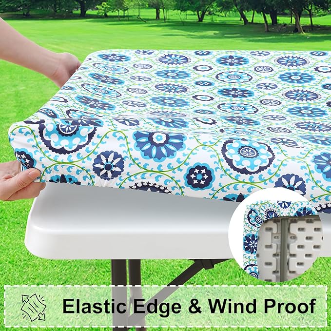 misaya Rectangle Vinyl Tablecloth, Fitted Table Cover, 100% Waterproof, Elastic Edge, Flannel Backing, Table Cloth Fit 6 Foot Folding Tables for Picnic, Outdoor (Navy Mandala, 30x72 inch)