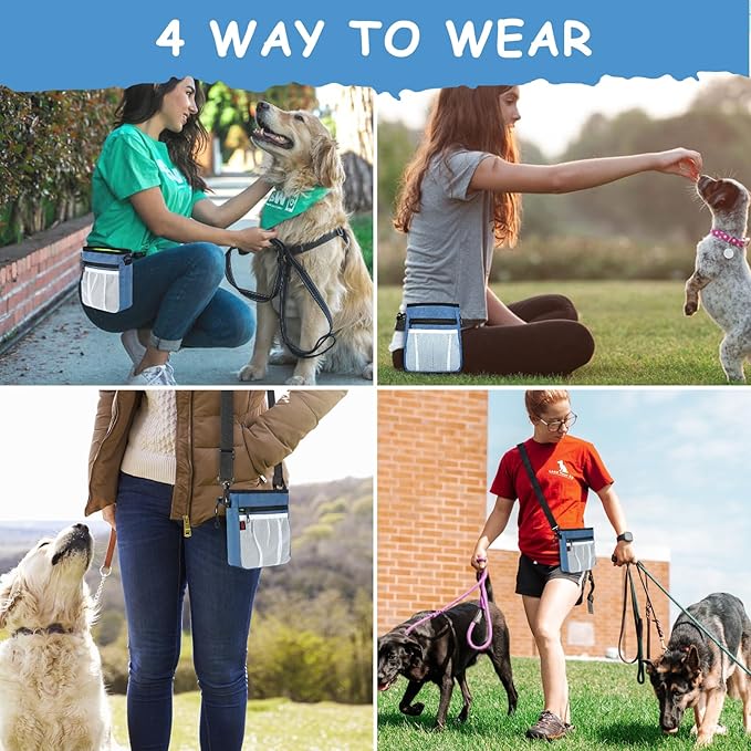 Dog Treat Pouch - 3 Ways to Wear Treat Pouches for Pet Training and 2 Pieces Clicker Taining for Dogs, Dog Training Treat Pouch Bag and Dog Clicker for Training with Waist Belt Shoulder Strap - Blue