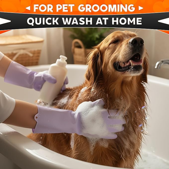 RZleticc Silicone Dish Gloves with Scrubbers – Thick Tear-Resistant Cat & Dog Washing Gloves for Bathing – Multi-Purpose Use
