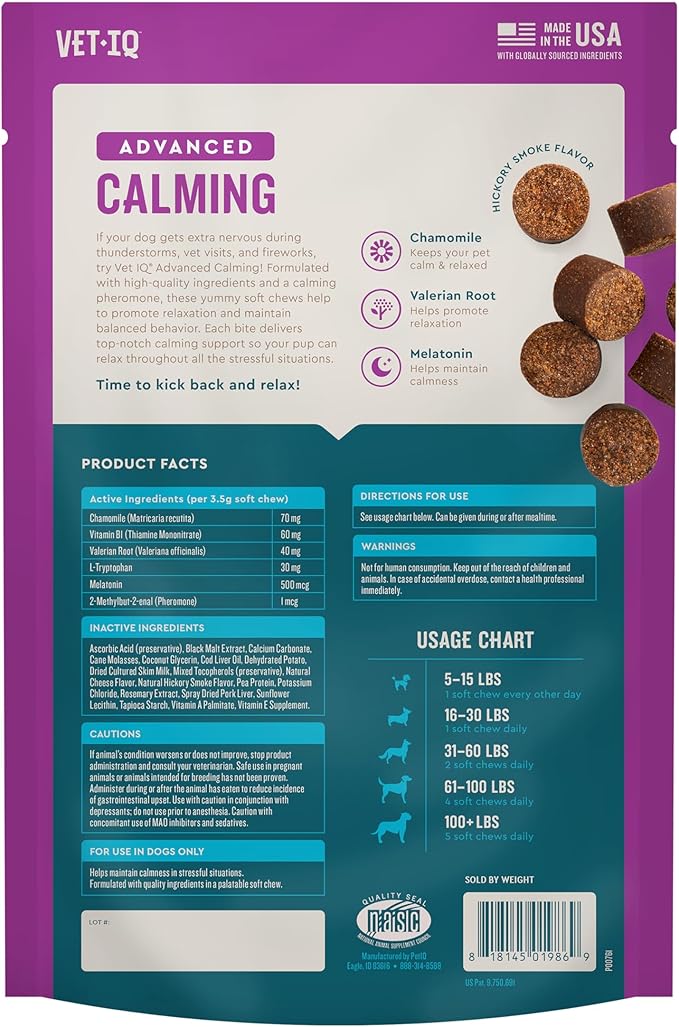VetIQ Advanced Calming Support Supplement for Dogs, Dog Calming Chews - Anxiety Relief Treats Stress and Promote Relaxation, Made in The USA, 60 Count