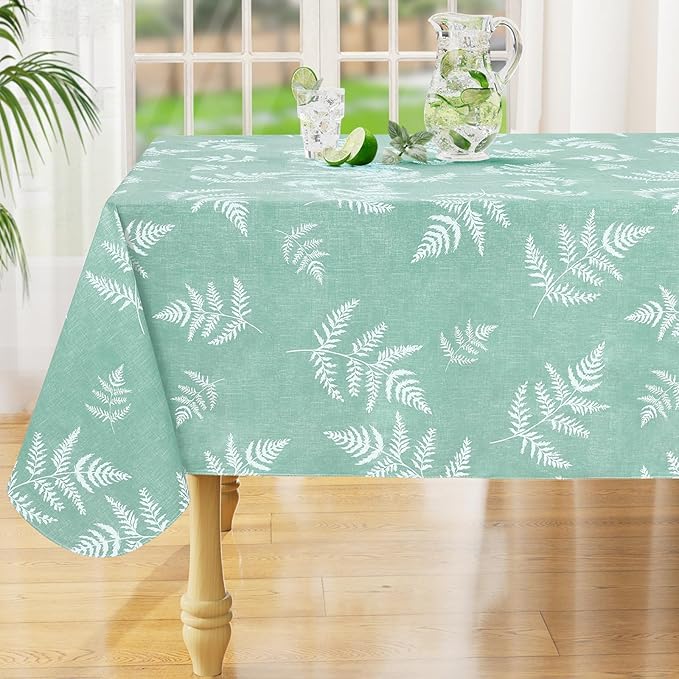 misaya Rectangle Waterproof Vinyl Table Cloth, Wipeable Tablecloth with Flannel Backing, Plastic Table Cover for Dinner, Picnic, Indoor and Outdoor (Light Green Leaves, 60" x 84")