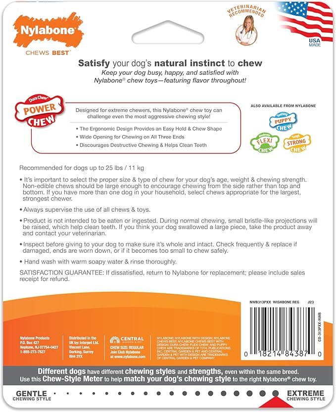 Nylabone Ergonomic Hold Wishbone Power Chew Toy for Dogs, Dog Toys for Aggressive Chewers, Bison Flavor, Small - Up to 25 Ibs, 1 Count