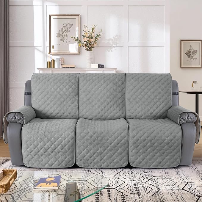 TAOCOCO 100% Waterproof Recliner Couch Covers, Recliner Sofa Covers with Leg Straps, 1-Piece Washable Reclining Sofa Cover with Pocket Couch Protector for Pets Kids(3 Seater, Light Gray)