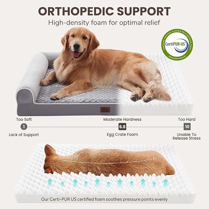Orthopedic Dog Beds for Extra Large Dogs, Waterproof XL Pet Bed with Sides, Non-Slip Bottom and Egg-Crate Foam Large Pet Couch Sofa with Washable Removable Cover, Light Grey
