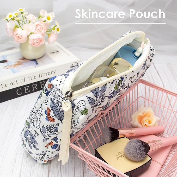 PAZIMIIK 3PCS Makeup Bag SET Large Travel Quilted Zipper Soft Cosmetic Case Pouch for Women Girls Make Up,Leaf White