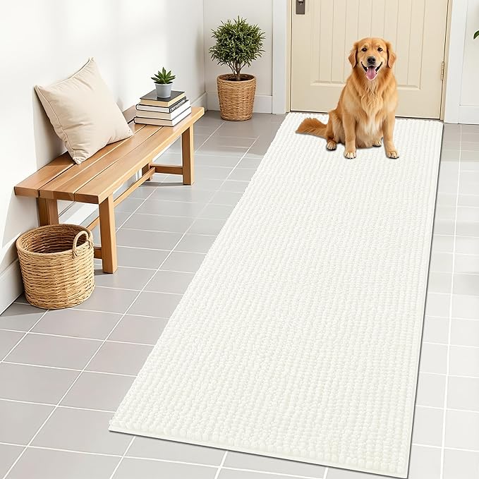 OLANLY Dog Door Mat for Muddy Paws 70x24, Ultra Absorbent Chenille Mud Doormat, Non-Slip Washable and Dirt Trapping Doormat for Indoor Entryway, Quick-Dry Indoor Pet Bed Mats for Dogs, Ivory