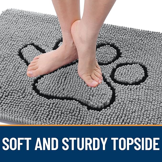 OLANLY Dog Door Mat for Muddy Paws 70x46, Paw Print Design, Absorbs Moisture and Dirt, Absorbent Non-Slip Washable Doormat, Quick Dry Chenille Mud Mat for Dogs, Entry Indoor Entryway Carpet, Grey