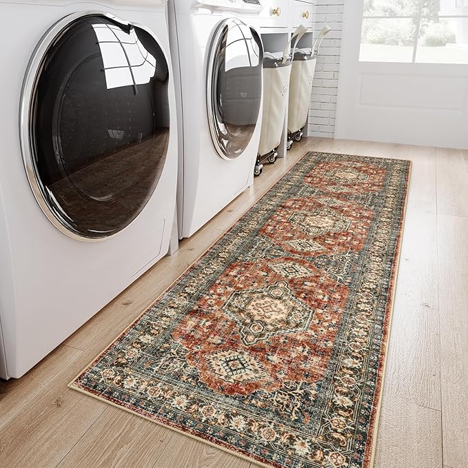 Lahome Oriental Washable Runner Rug Non Slip, 2x7 Rug Runners for Hallways Kitchen, Ultra-Thin Hallway Rugs for Laundry Room Bathroom Bedroom Eleanor, Brick Red
