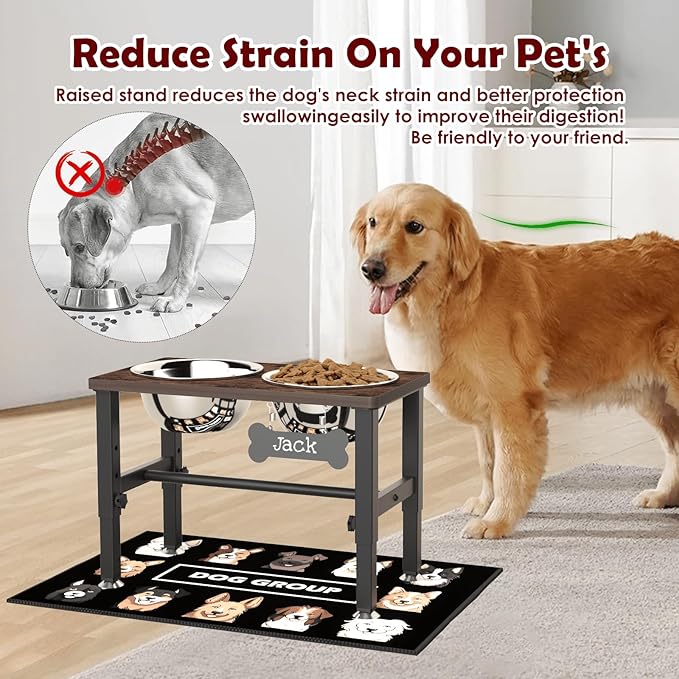 SHAINFUN Elevated Dog Bowls with Slow Feeder & Mat for Medium and Large Dogs, 16" Tall Adjustable Wooden & Metal Raised Dog Bowl Stand, 2 Stainless Steel 58oz Bowls for Food & Water