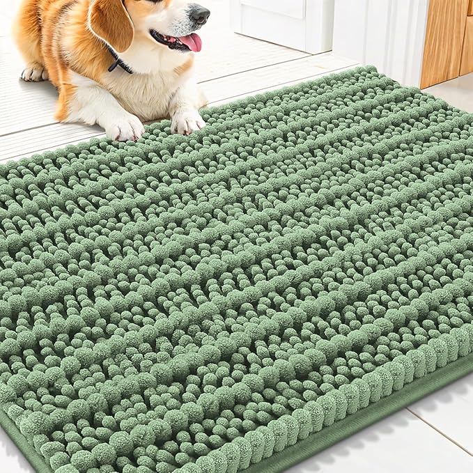 Smiry Dog Door Mat for Muddy Paws 30x20, Extra Soft Absorbent Chenille Doormat, Trap Moisture and Dirt, Non-Slip Machine Washable Front Door Mat for Indoor Entrance Inside Floor, Olive Green