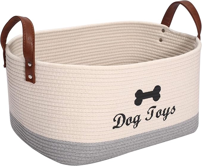 Large Cotton Dog Toy Basket Storage - 16.5"x10.6"x7.5" Puppy Bin - Perfect for Organizing Pet Toys, Blankets, Leashes & More