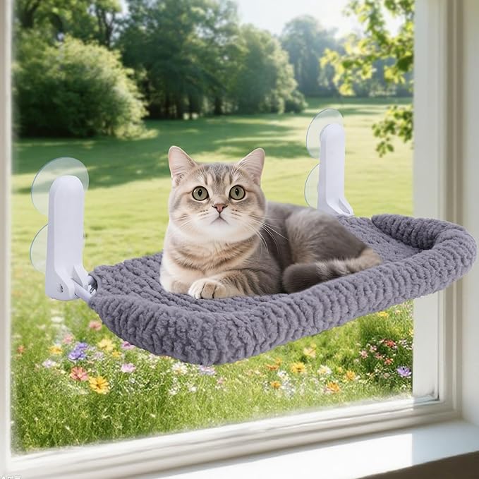 AIWIKIDE Cat Window Perch with Cushion Rim, Easy Install Bracket, Portable Wall Hammock for Indoor Cat, Grey