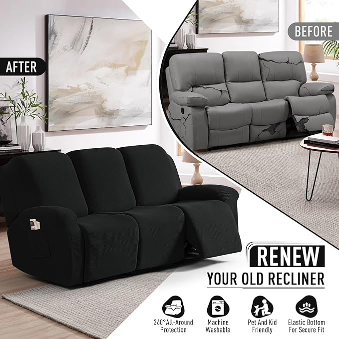 TAOCOCO Recliner Sofa Covers 8-Pieces Stretch Large Couch Covers for 3 Seats Reclining Slipcovers Soft Jacquard Pattern Furniture Protector (Black)