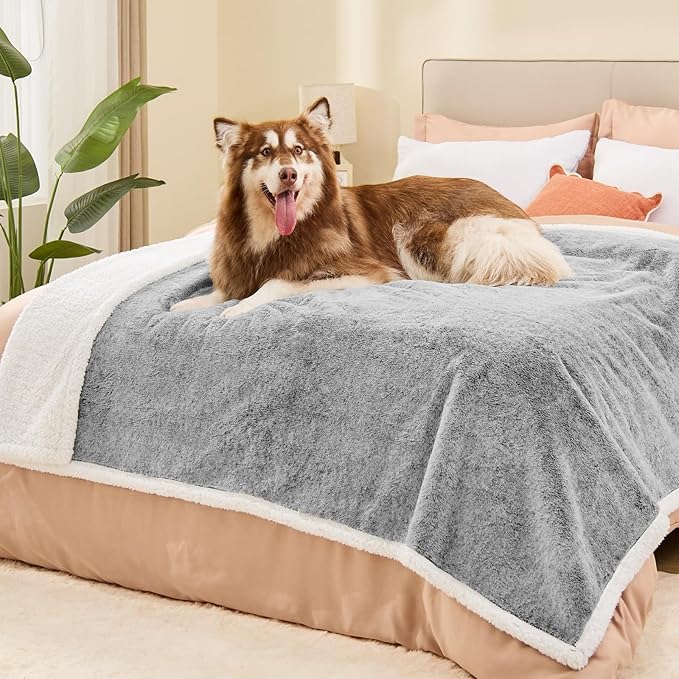 Extra Large Dog Blanket, Waterproof Faux Fur & Sherpa Oversized Pet Throw for Bed & Couch Protection, Soft Cozy Dog Blankets for Large Dogs, 60"x80", Light Grey