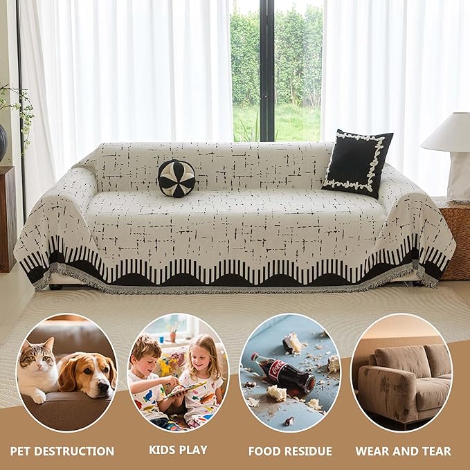 Couch Cover for 3 Cushion Sofa Pet Friendly Furniture Covers, Chenille Sofa Covers Washable L Shape, Boho Couch Blanket Cover with Tassel Decoration, 71"x 150", Beige