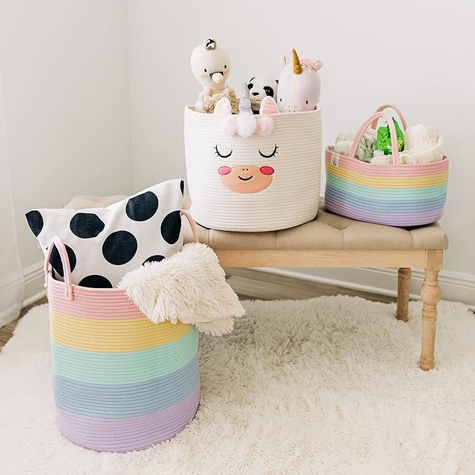 OrganiHaus Pastel Rainbow Nursery Storage Basket, Cotton Rope Toy & Diaper Caddy Organizer with Handles, Baby Diaper Organizer, Foldable Design, Machine Washable, Ideal for Baby Room & Laundry