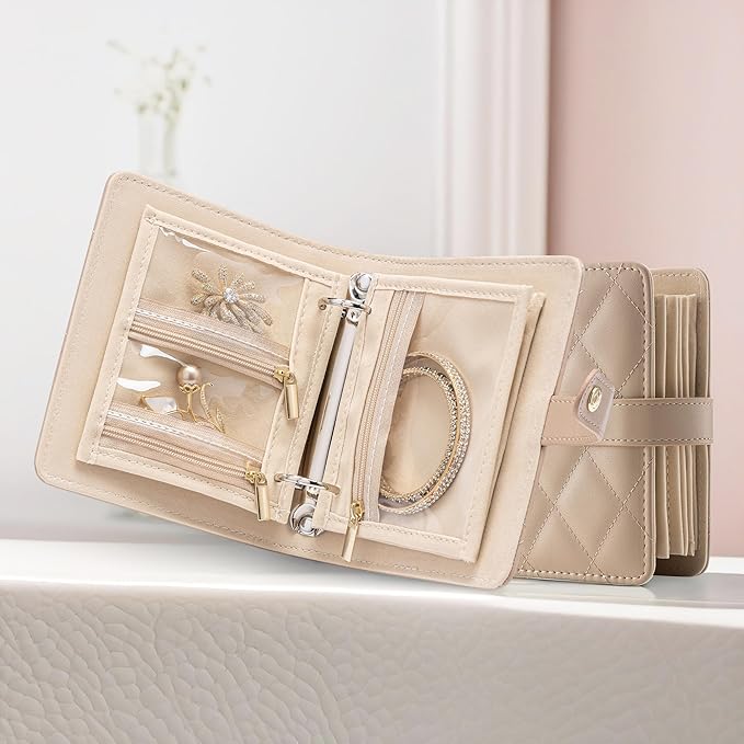 Vlando Small Jewelry Book Organizer - Leather Travel Jewelry Case with 5 Detachable Pages for Necklaces, Rings, Earrings, Tangle-Free, Giftable,Latte