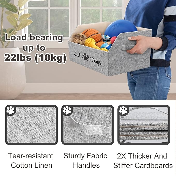 LOVSTORAGE 2X Thicker Large Cat Toy Bin Collapsible Cat Toy Box Sturdy Cat Toy Basket Kitten Toy Storage Bed for Organizing Cat Toys Treats Clothes and Accessories (Grey)