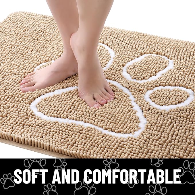 Smiry Dog Door Mat for Muddy Paws, Absorbent Dirt Trapper Non Slip Quick Dry Washable Chenille Mat for Mud Dogs, Entry Rug for Indoor and Outdoor (47x24 Inches, Beige and White)