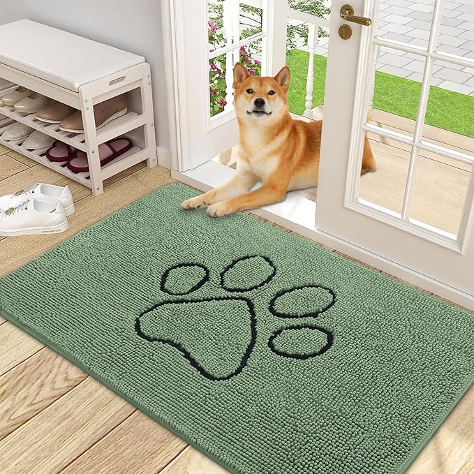 OLANLY Dog Door Mat for Muddy Paws 48x30, Paw Print Design, Absorbs Moisture and Dirt, Absorbent Non-Slip Washable Doormat, Quick Dry Chenille Mud Mat, Entry Indoor Entryway Carpet, Olive Green