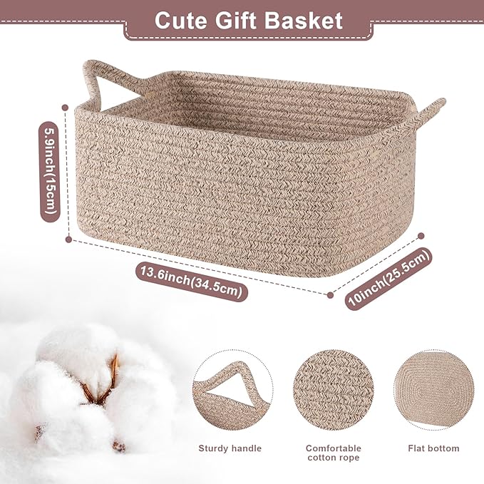OIASKET Basket for Gifts Empty, Woven Storage Basket with Gift Bag, Ribbon and Wrap Tissue Paper, Small Rope Toy Storage with Handles for Baby Shower, Dog Toy Organizer, 13.6" x 10" x 5.9”