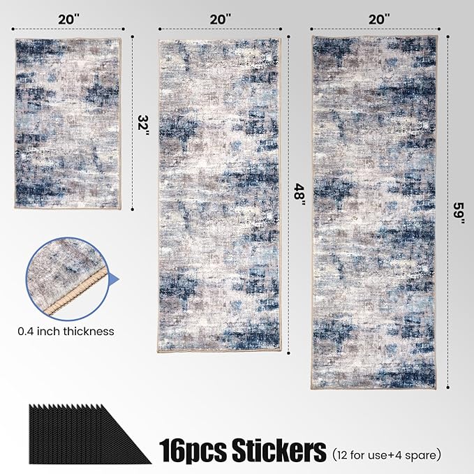 Kitchen Rug Set 3Pcs, Boho Rug Sets Non Slip Washable for Floor Thick Farmhouse Kitchen Decor Runner Rugs for Kitchen, Entryway，Laundry, Hallways 20''x32''+20''x48''+20''x59