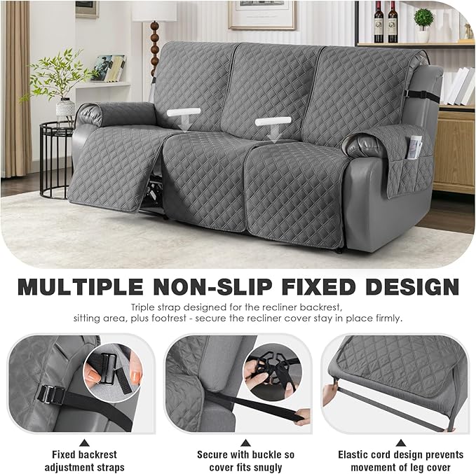 TAOCOCO 100% Waterproof Recliner Couch Covers, Recliner Sofa Covers with Leg Straps, 1-Piece Washable Reclining Sofa Cover with Pocket Couch Protector for Pets Kids(3 Seater, Grey)