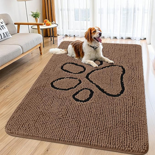 Smiry Dog Door Mat for Muddy Paws, Absorbent Dirt Trapper Non Slip Quick Dry Washable Chenille Mat for Mud Dogs, Entry Rug for Indoor and Outdoor (59x35 Inches, Coffee and Black)