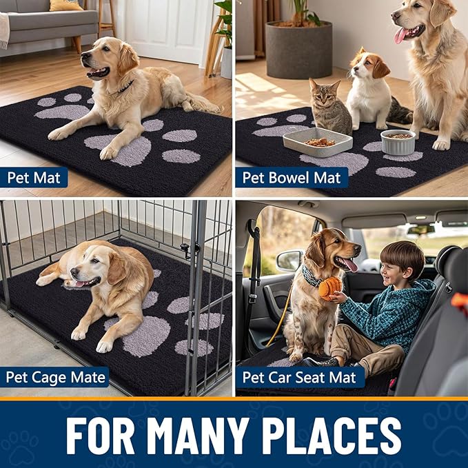 Smiry Dog Door Mat for Muddy Paws, Absorbs Moisture and Dirt, Low-Profile Entryway Mat with Non-Slip Backing, Entry Indoor Outdoor Doormat for Inside Floor (48x32 Inches, Black and Grey, Paw)