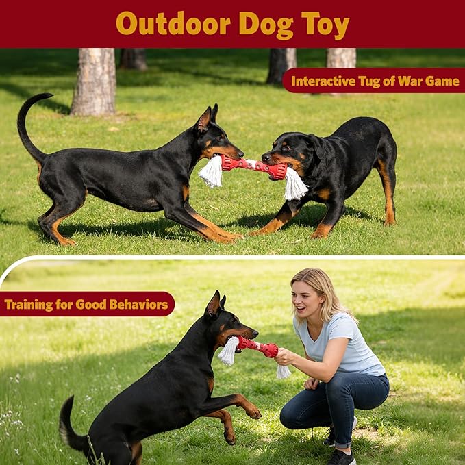 KGPERGU Interactive Tug of War Dog Toy, Durable Teeth Cleaning Chew Toy, Outdoor Fetch and Retrieve Dog Toy, Natural Rubber Bone with Cotton Tassels for Medium and Large Dogs, Cream Scented, Red/White